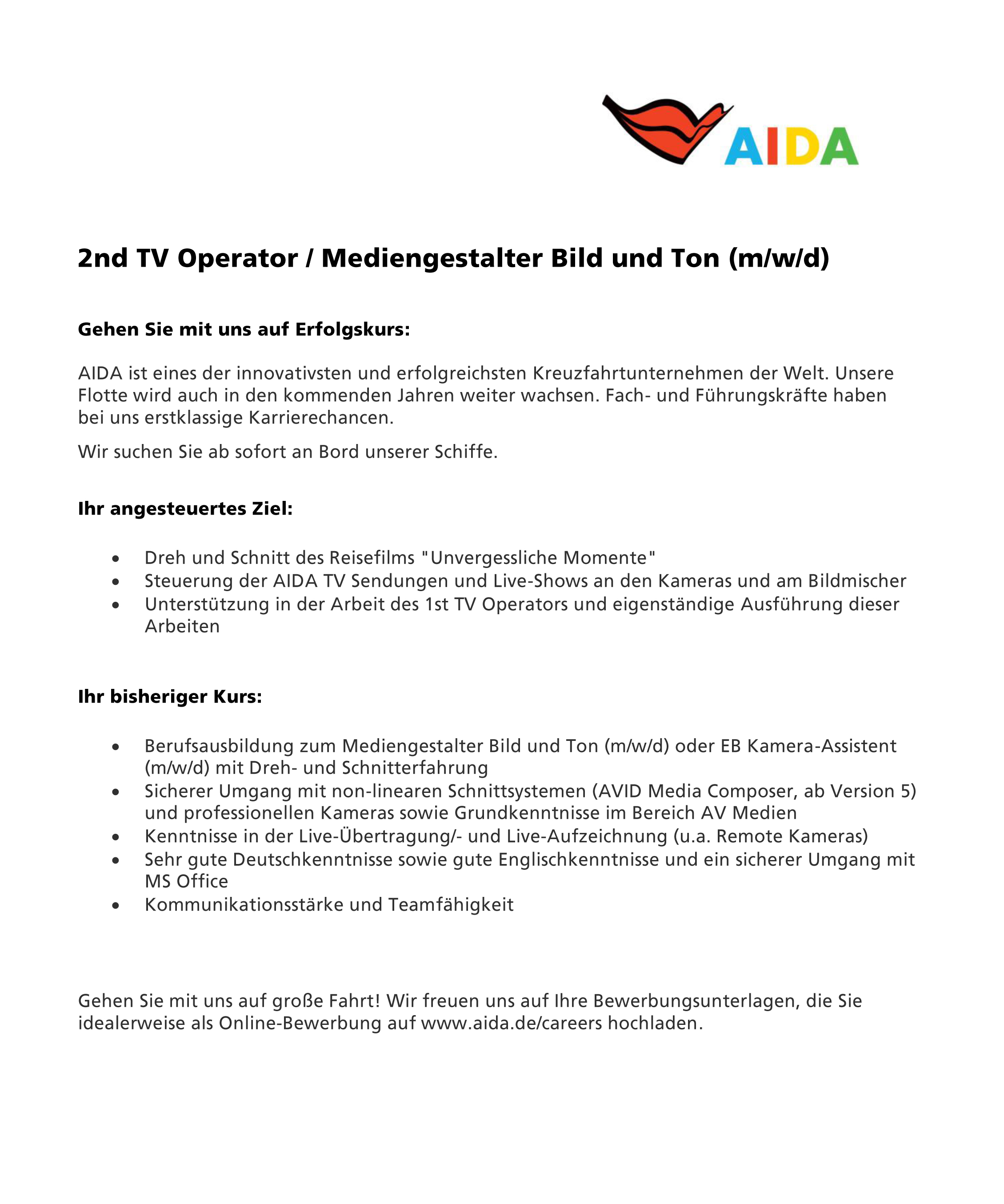 Aida Cruises Sucht 2nd Tv Operator Mediengestalter Bild