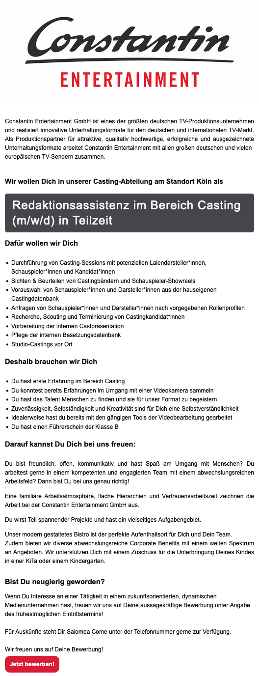 Redaktionsassistenz im Bereich Casting (m/w/d) in Teilzeit