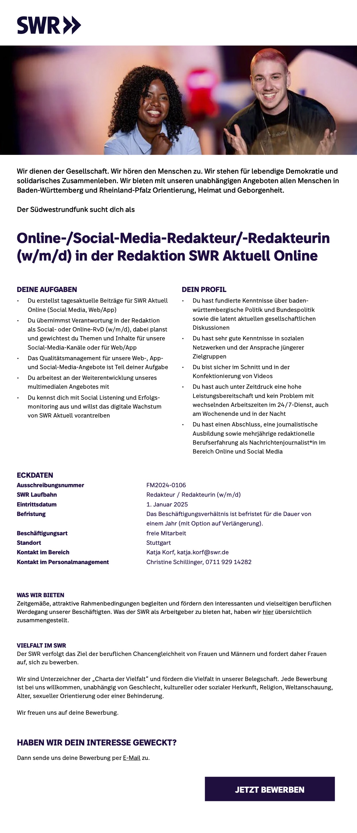 Online-/Social-Media-Redakteur/-Redakteurin (w/m/d) in der Redaktion SWR Aktuell Online