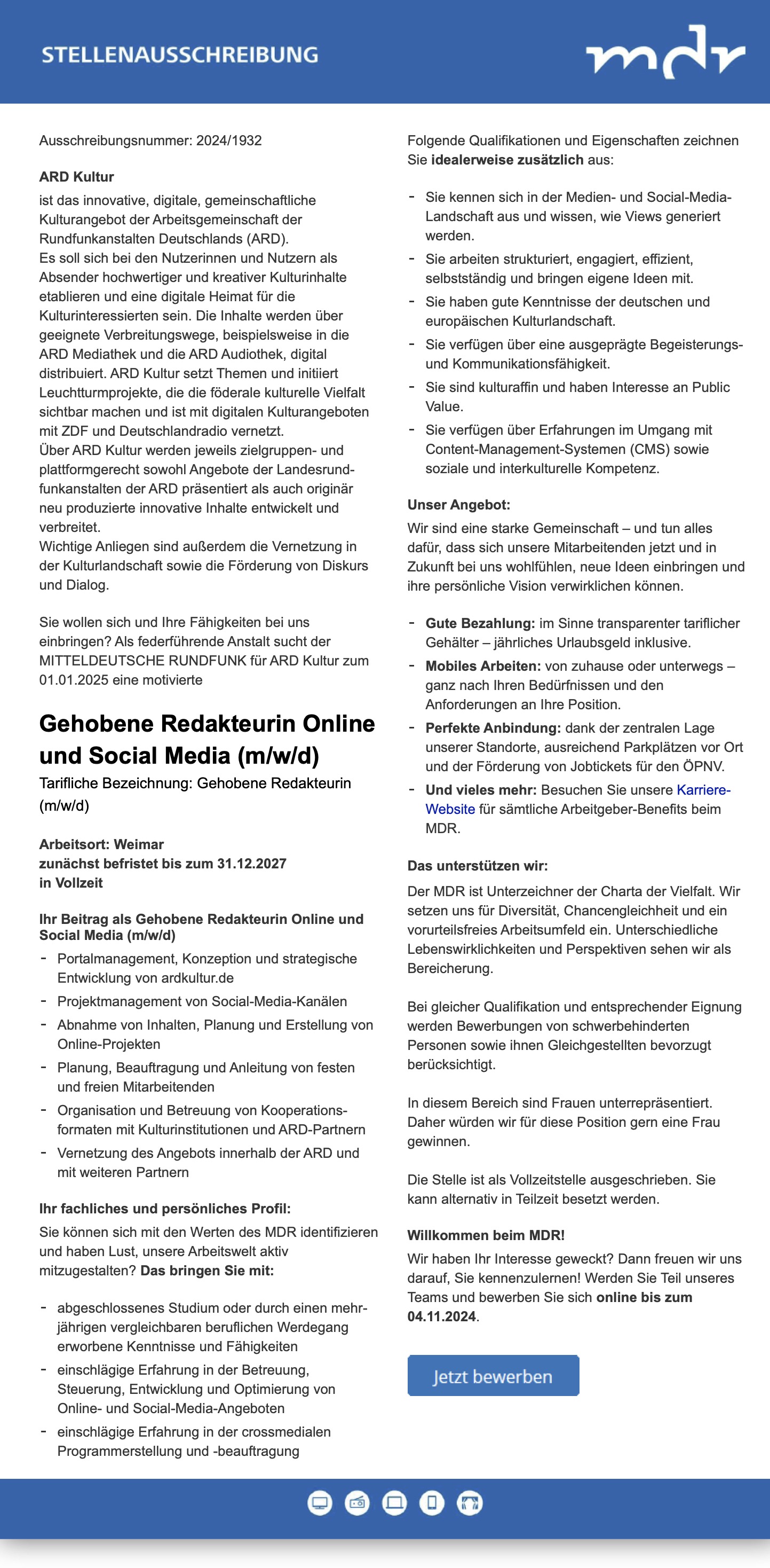 Gehobene Redakteurin Online und Social Media (m/w/d)