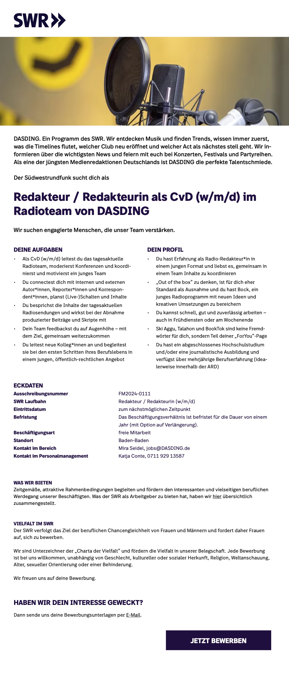 Redakteur / Redakteurin als CvD (w/m/d) im Radioteam von DASDING