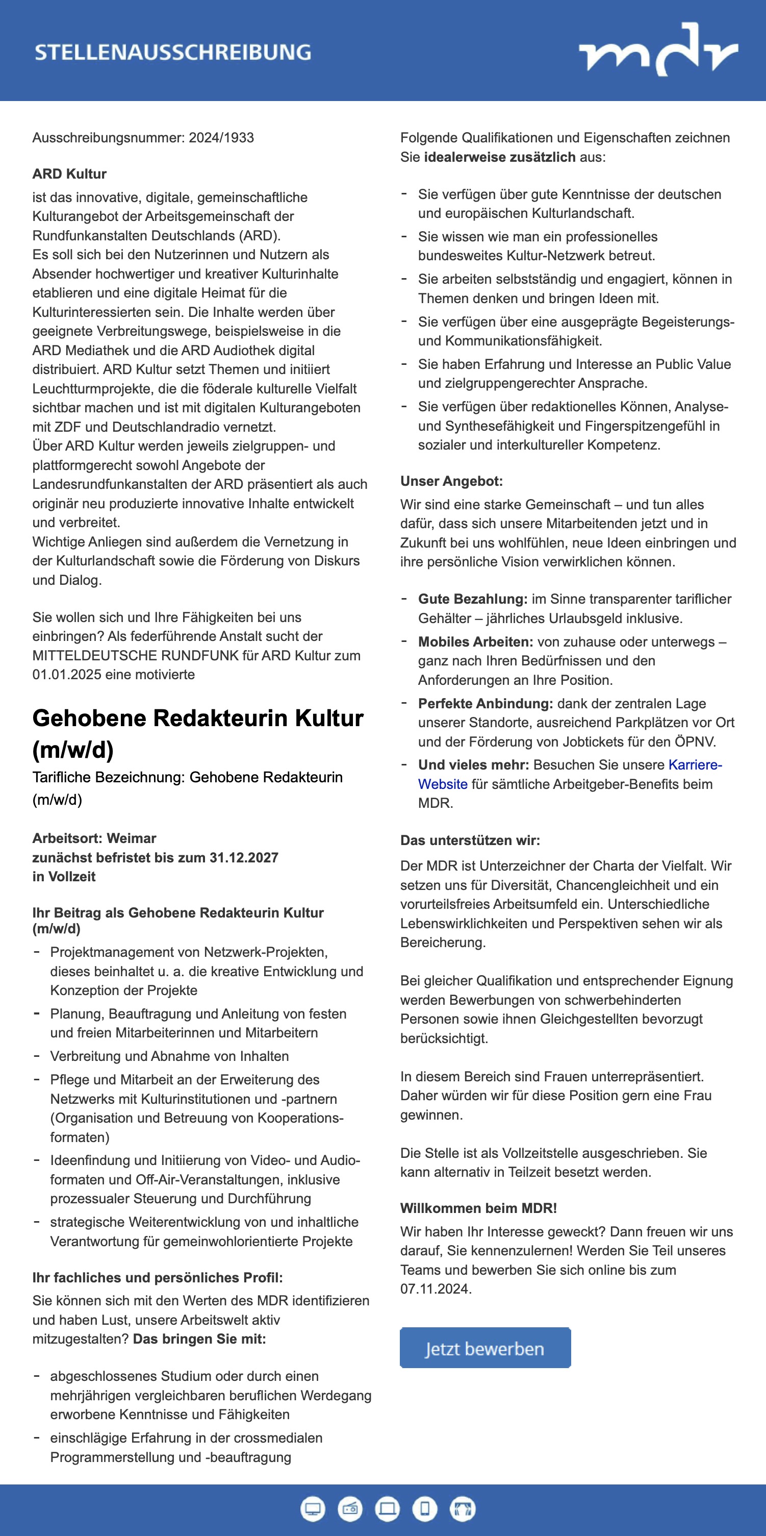 Gehobene Redakteurin Kultur (m/w/d)