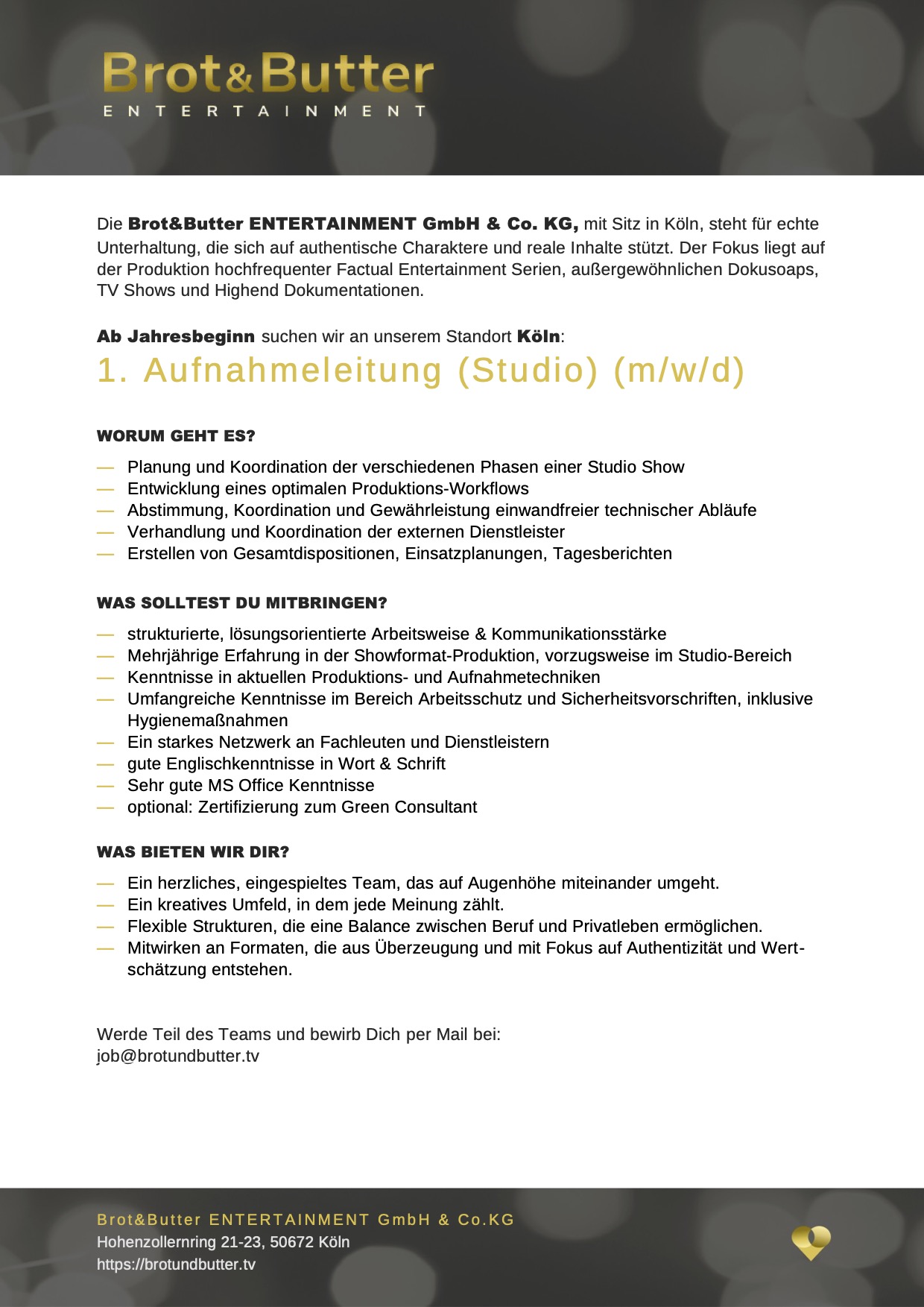 1. Aufnahmeleitung (Studio) (m/w/d)