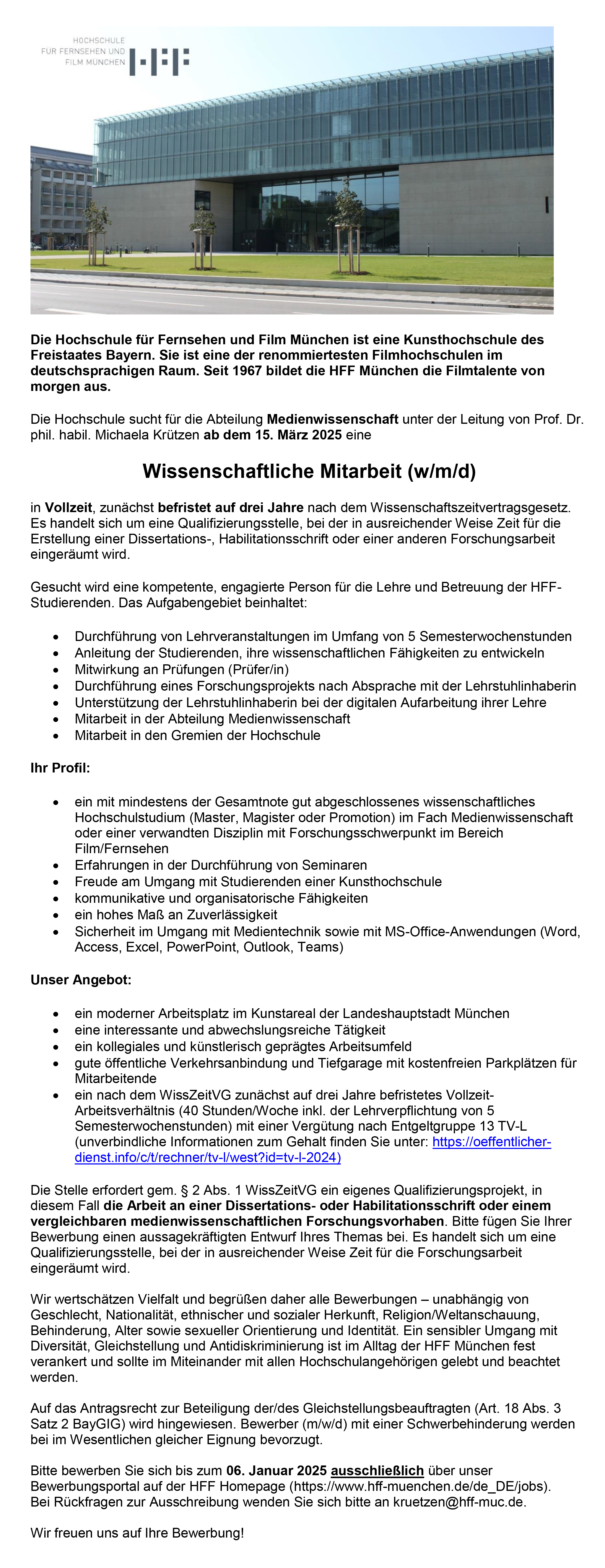 Wissenschaftliche Mitarbeit (w/m/d) für die Abteilung Medienwissenschaft