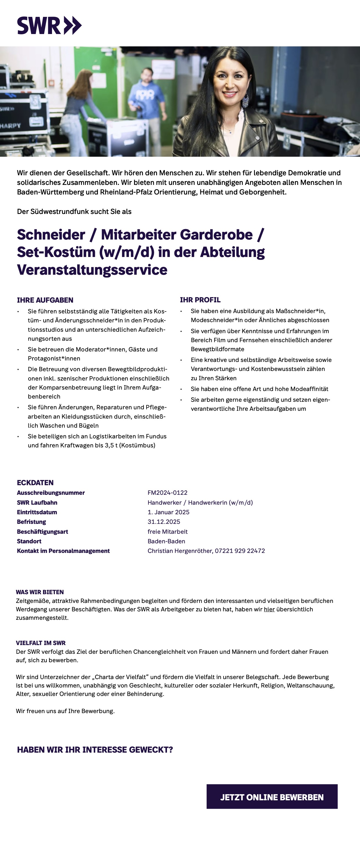 Schneider / Mitarbeiter Garderobe / Set-Kostüm (w/m/d) in der Abteilung Veranstaltungsservice