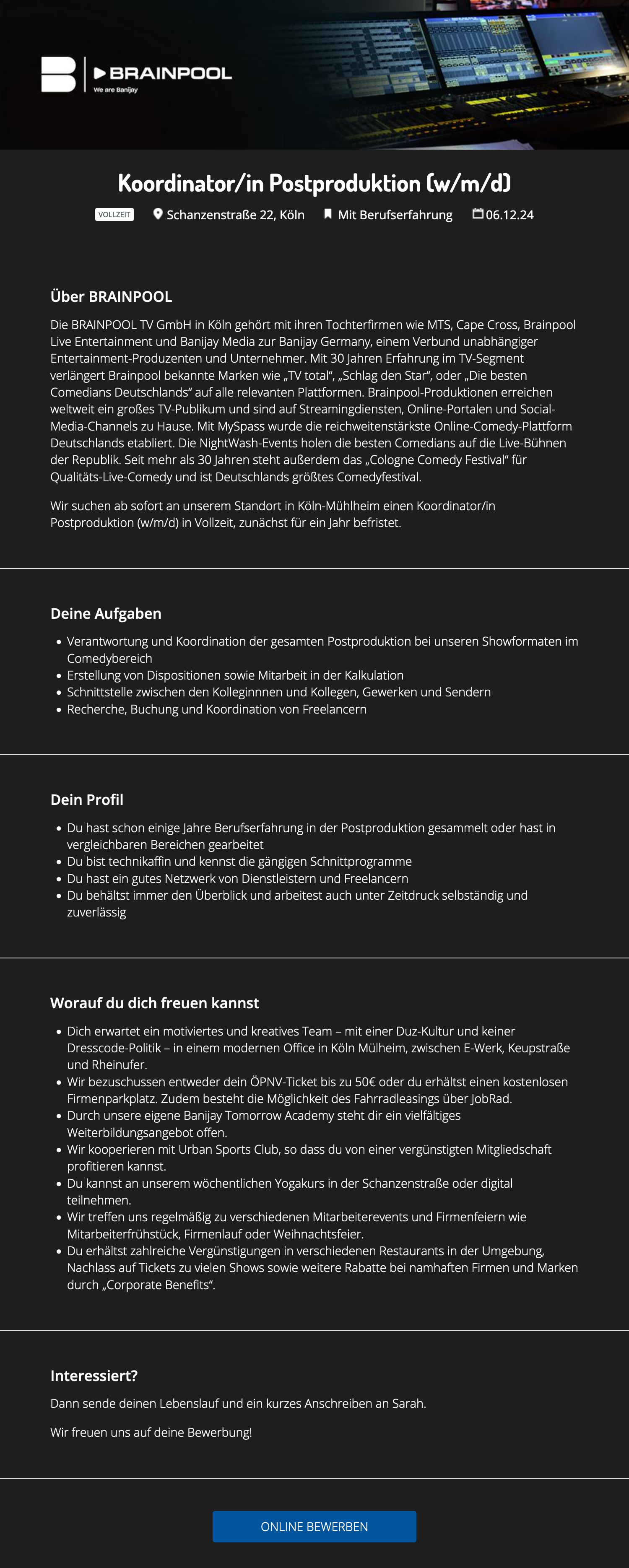 Koordinator/in Postproduktion (w/m/d)