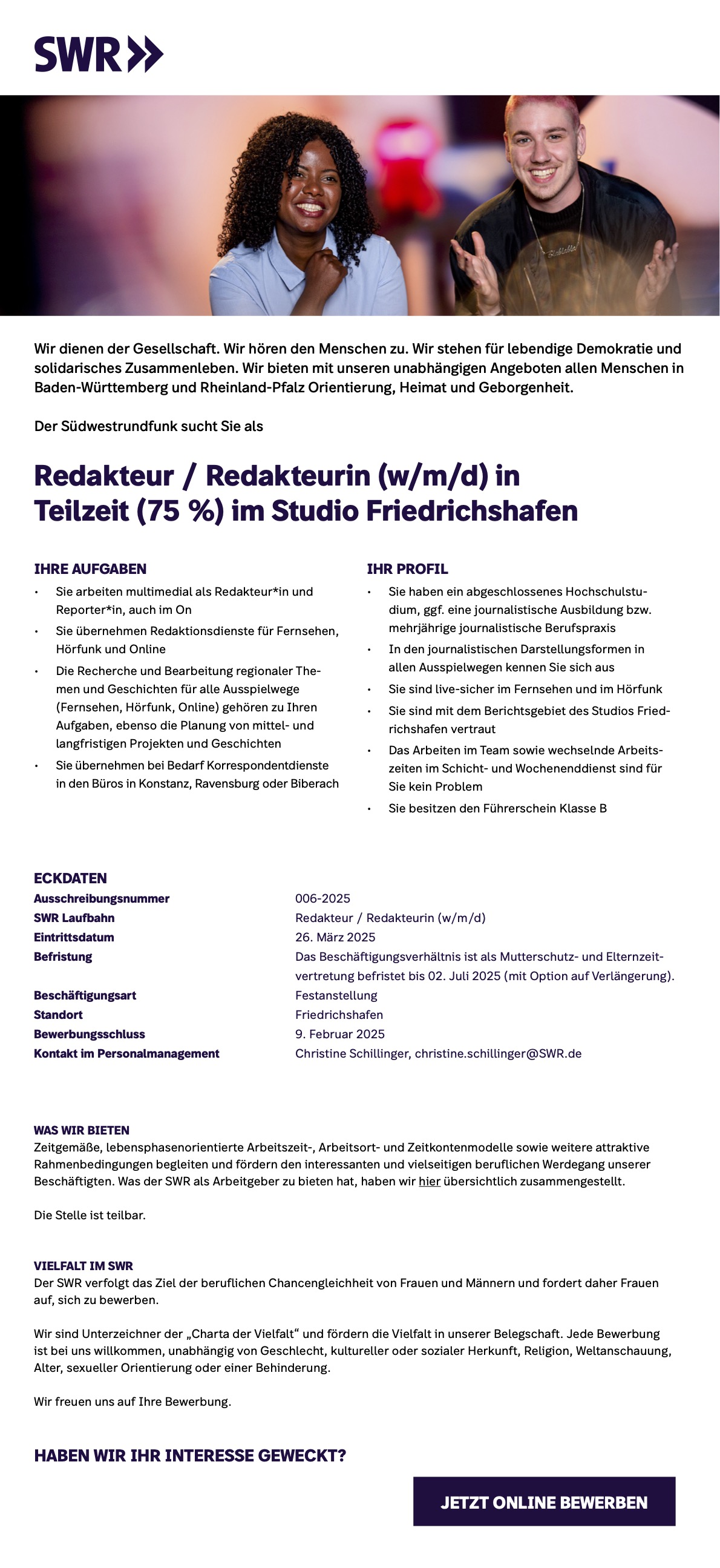 Redakteur / Redakteurin (w/m/d) in Teilzeit (75 %)