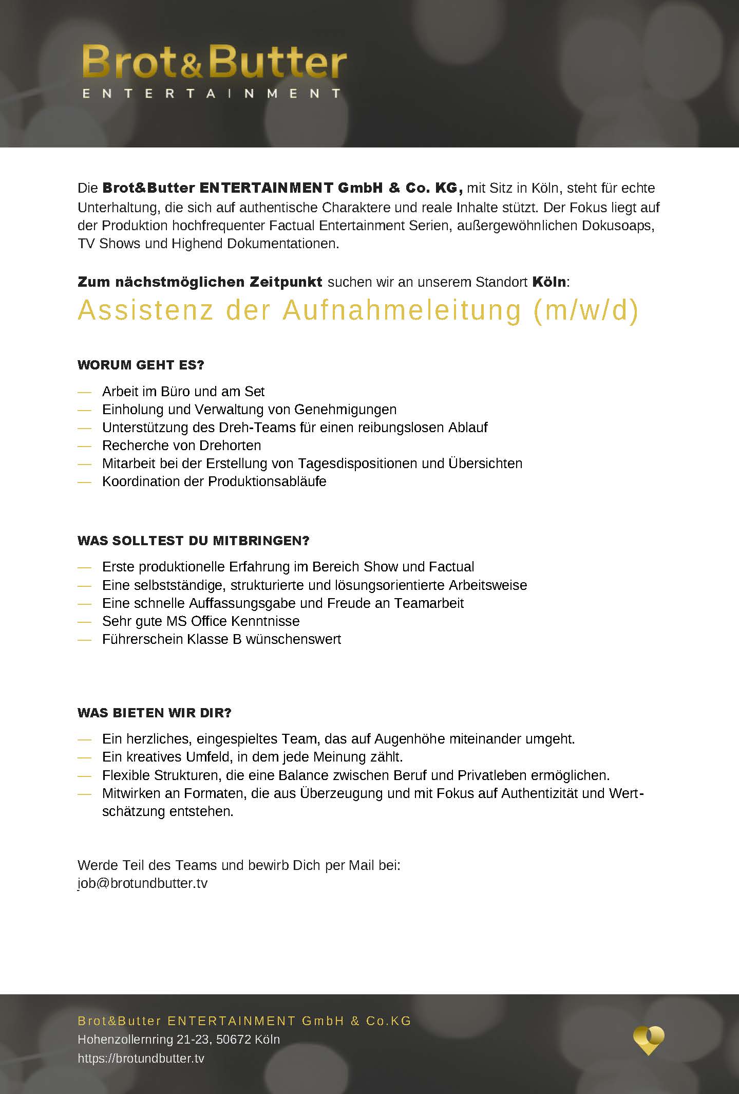 Assistenz der Aufnahmeleitung