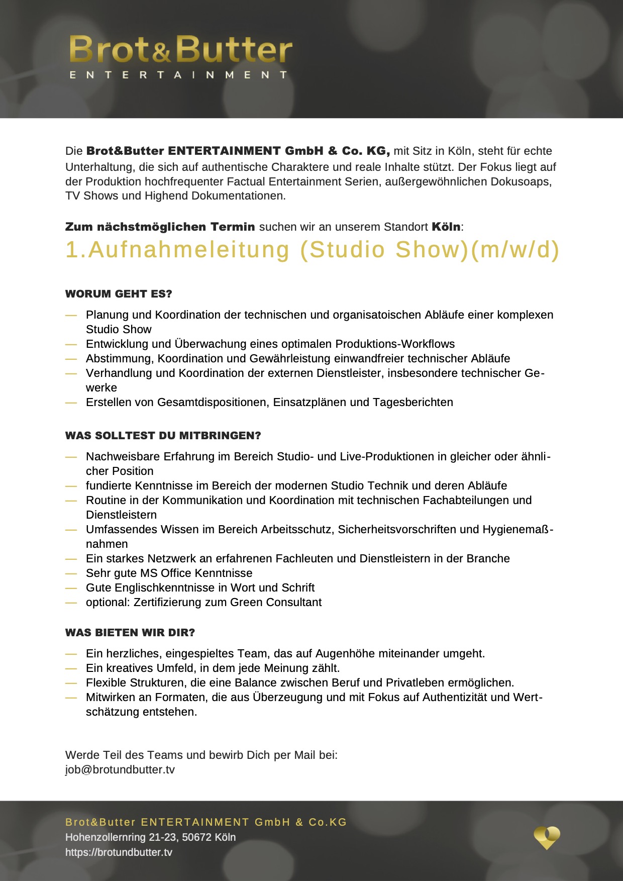 1. Aufnahmeleitung (Studio Show) (m/w/d)