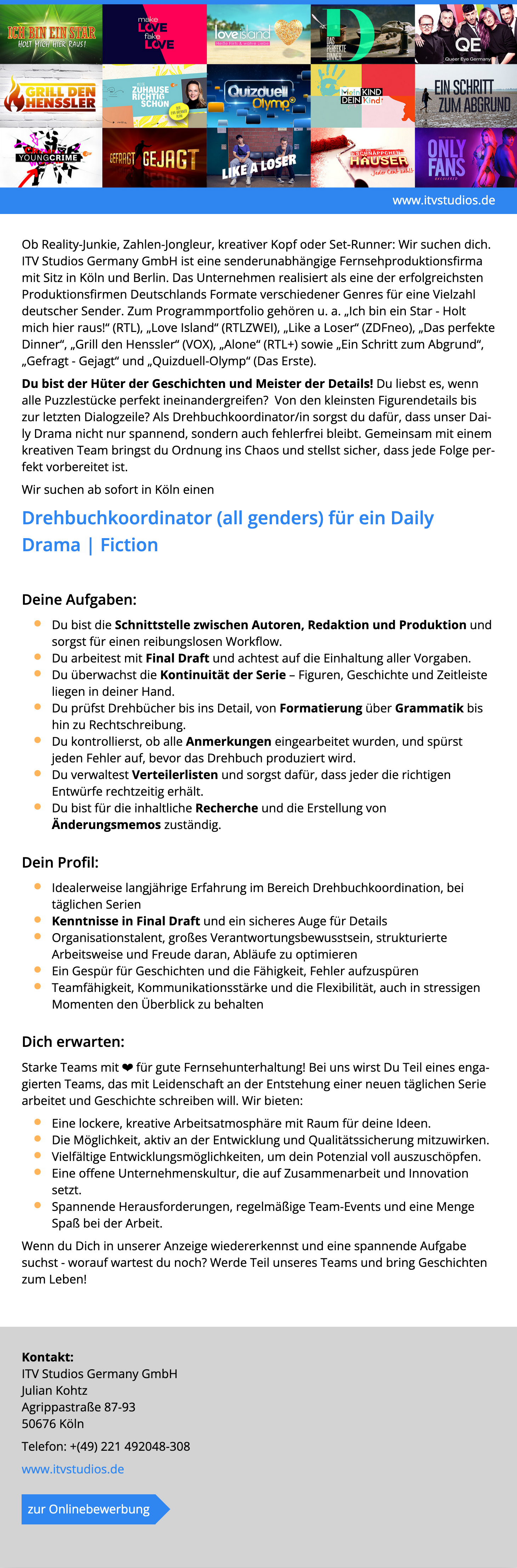 Drehbuchkoordiator (all genders) für ein Daily Drama / Fiction