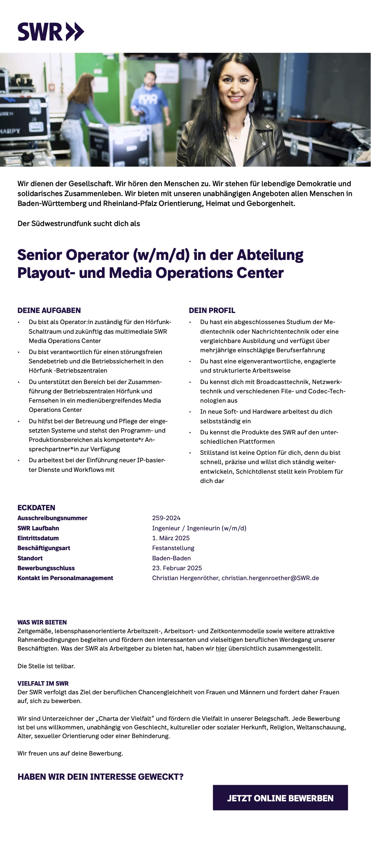 Senior Operator (w/m/d) in der Abteilung Playout- und Media Operations Center