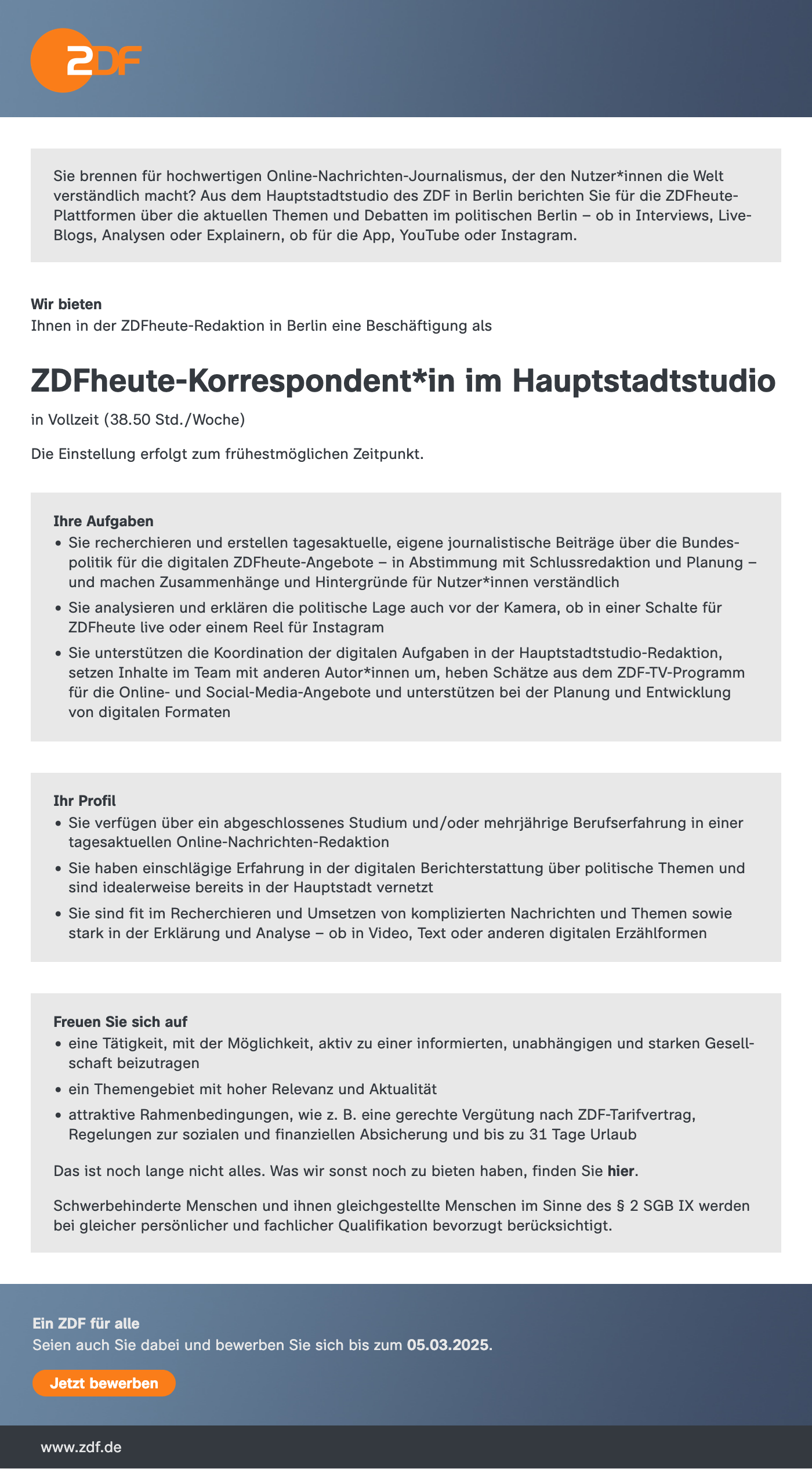 ZDFheute-Korrespondent*in im Hauptstadtstudio