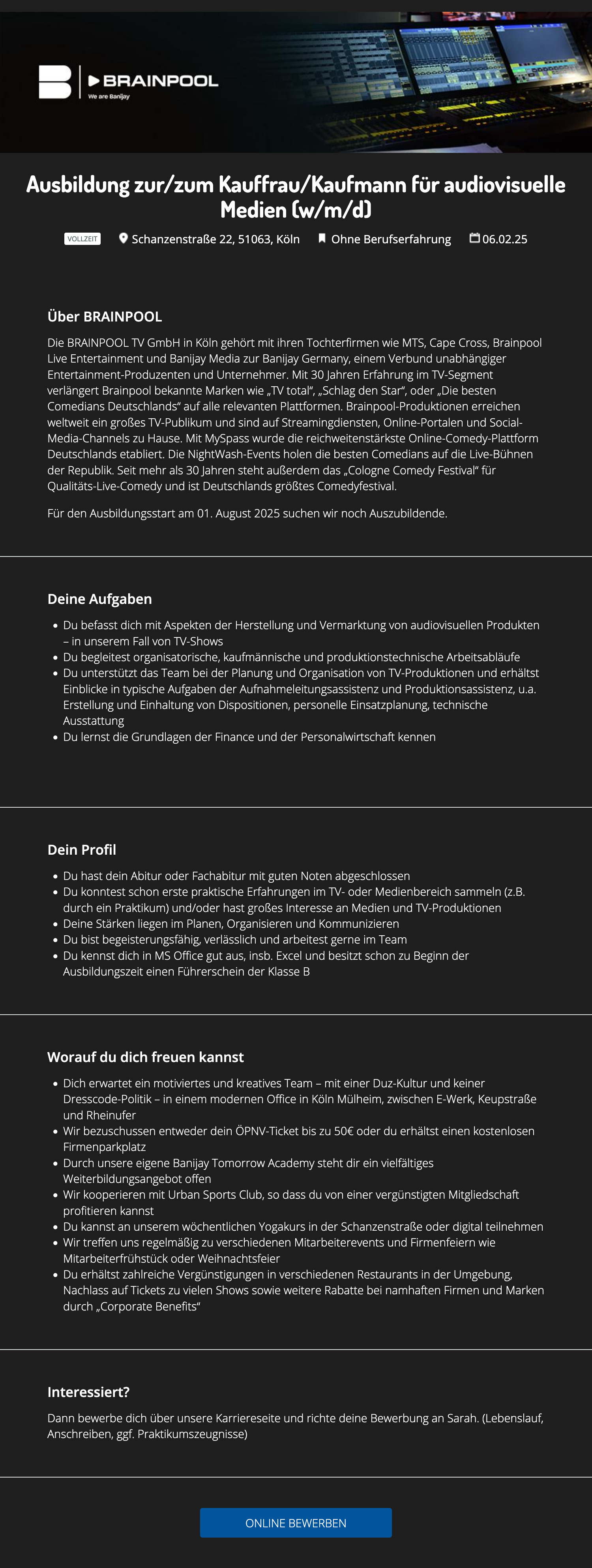 Ausbildung zur/zum Kauffrau/Kaufmann für audiovisuelle Medien (w/m/d)