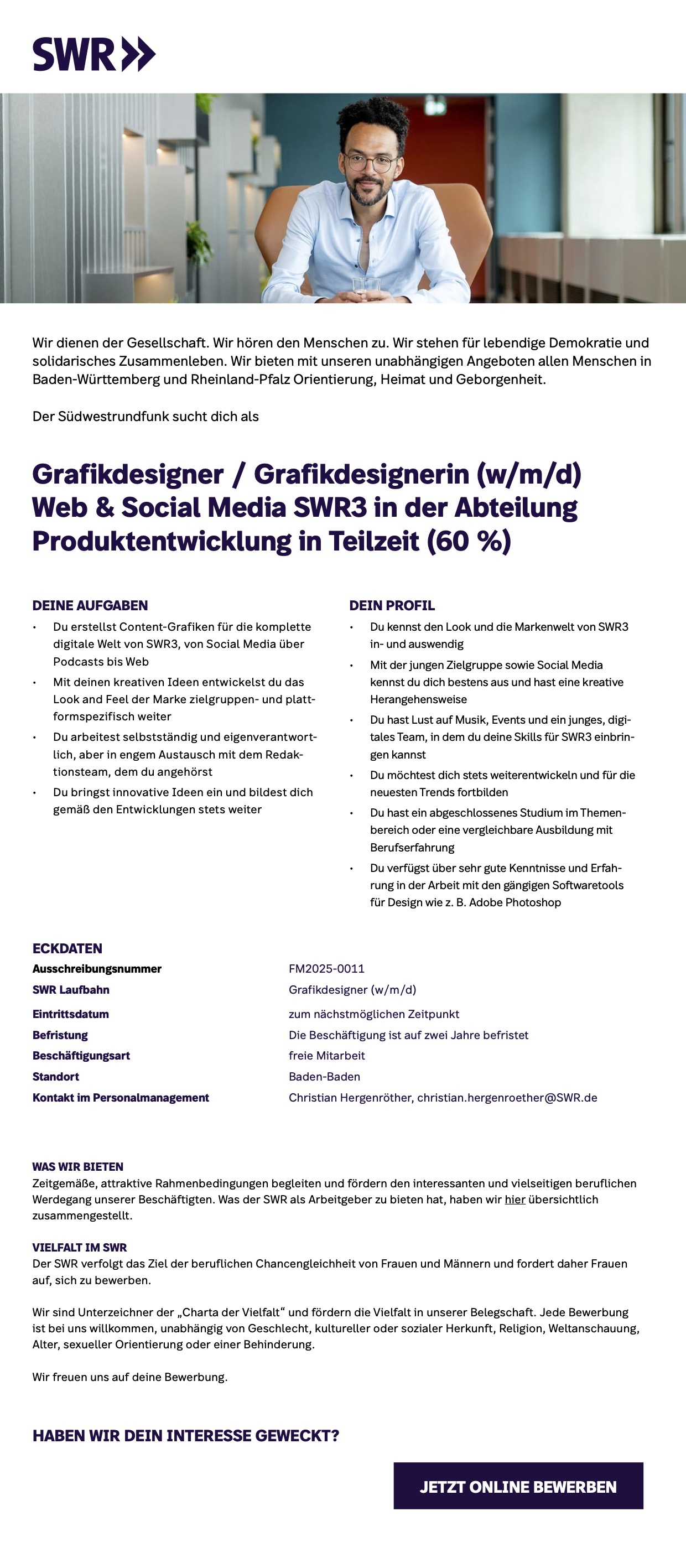 Grafikdesigner / Grafikdesignerin (w/m/d) Web & Social Media SWR3