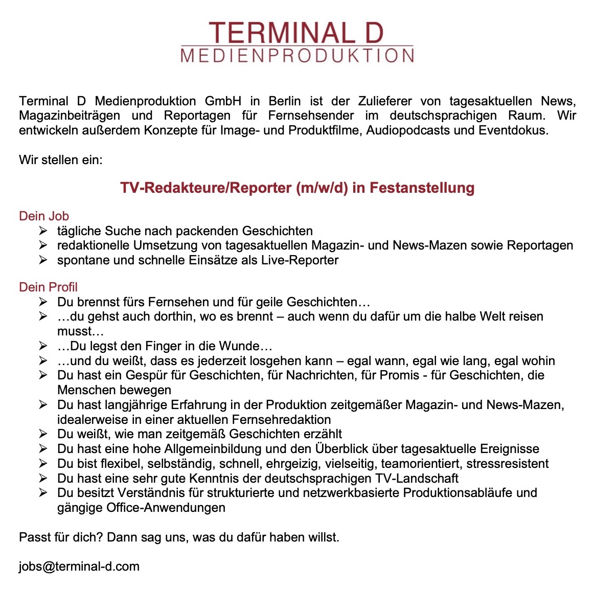 TV-Redakteure / Reporter (m/w/d) in Festanstellung